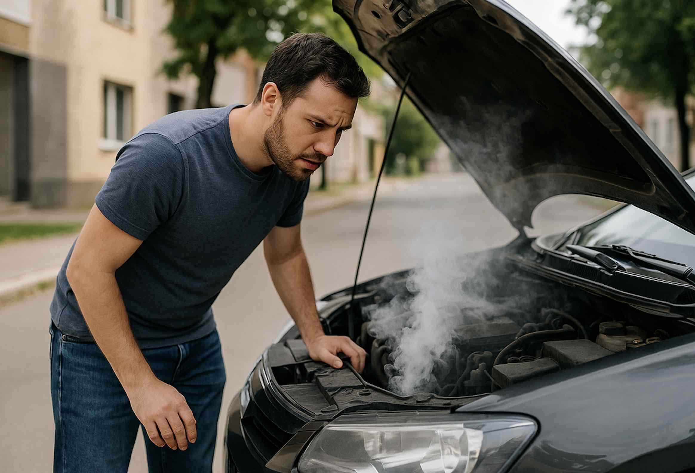 Car buyer checking under the hood before purchase.