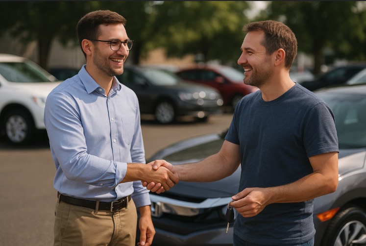 Handshake between a car buyer and seller after negotiation.