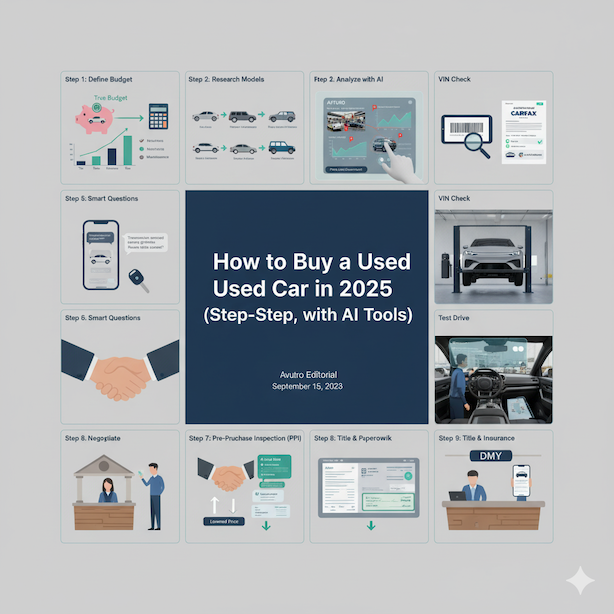 A person confidently buying a used car with the help of AI tools on their phone.